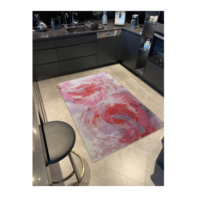 Pink Beige Themed Abstract Patterned Modern Decorative Machine Washable Rug
