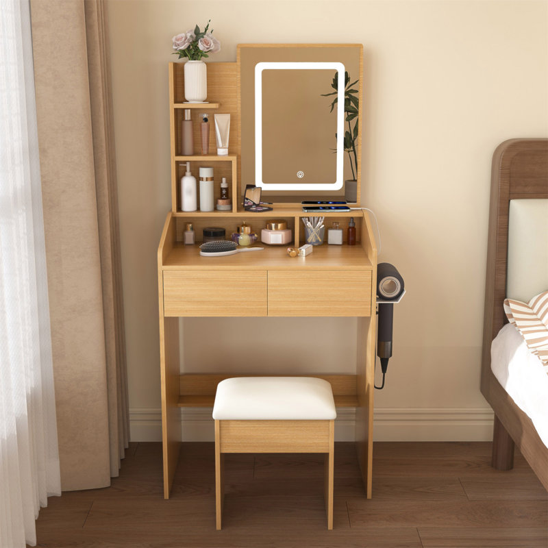 Coiffeuse avec miroir lumineux à DEL, prise de courant, support pour sèche-cheveux et tabouret - coiffeuse compacte pour petites chambres à coucher (bois)