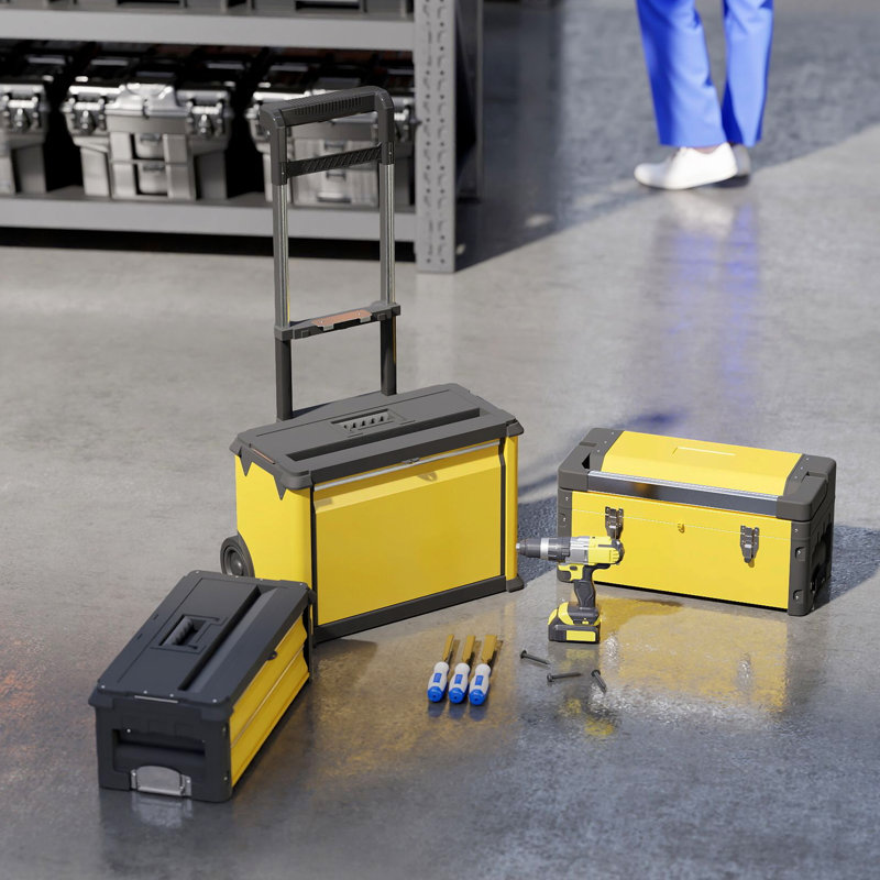 Système de rangement 3 en 1, boîte à outils empilable en acier, jaune