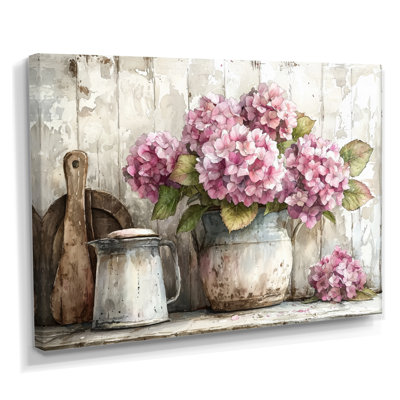 Dormalee, Hortensias sur le comptoir de la cuisine I - Hortensia, art mural sur toile