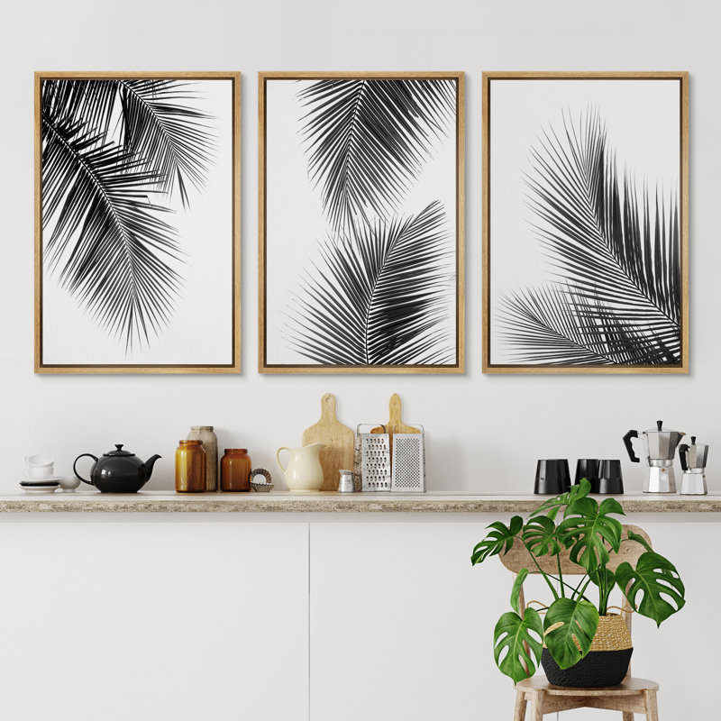 "Minimal Botanical" noir et blanc, palmier tropical, feuilles, impression sur toile encadrée moderne et organique, 3 pièces