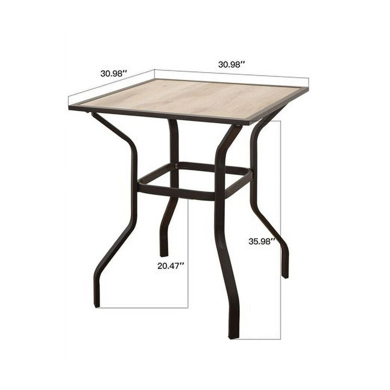 Table de bar d'extérieur carrée en métal avec plateau en bois