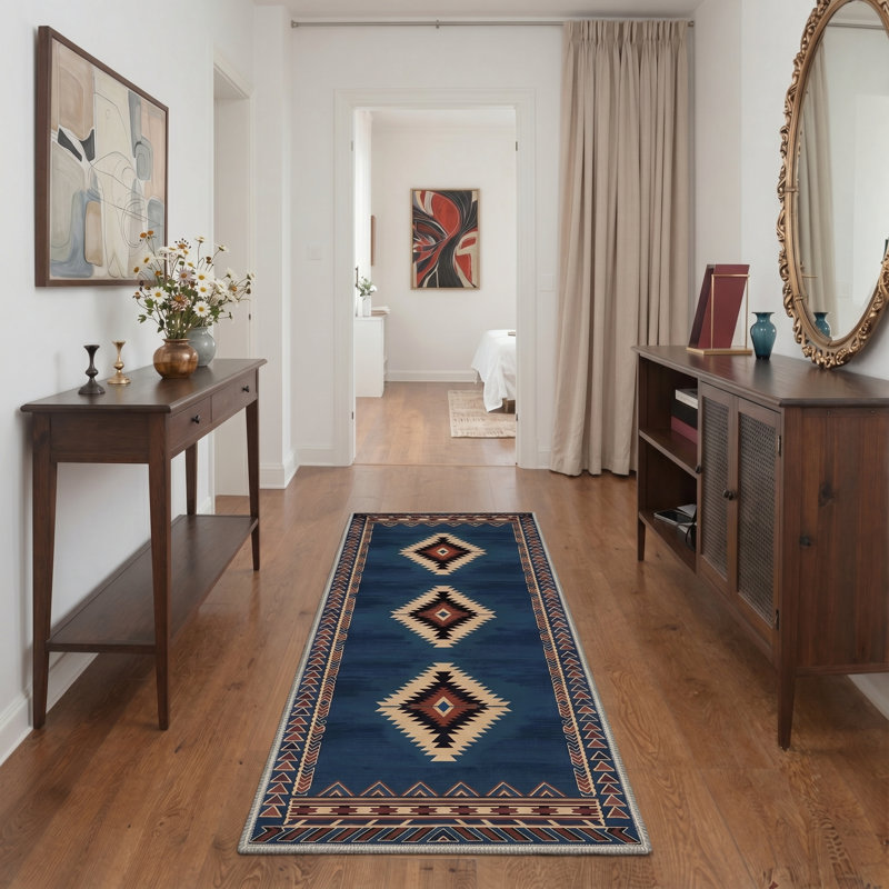Abrahamson Vega Geometric Machine Washable Blue / Brown Indoor Area Rug with Non-Slip Backing, Runner 2'3" x 6'