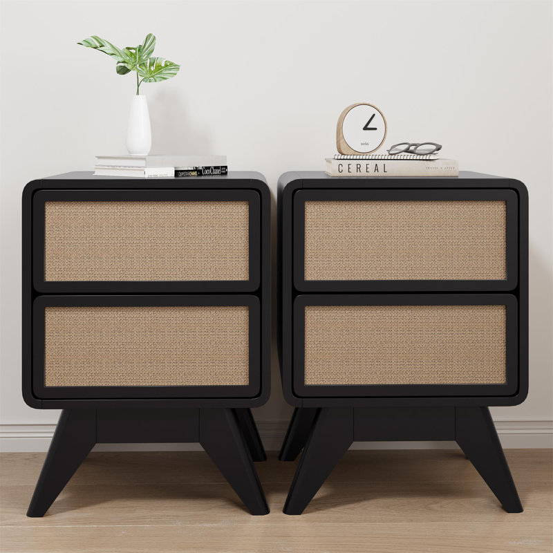 Black and Linen 2-Drawer Solid Wood Nightstand Set