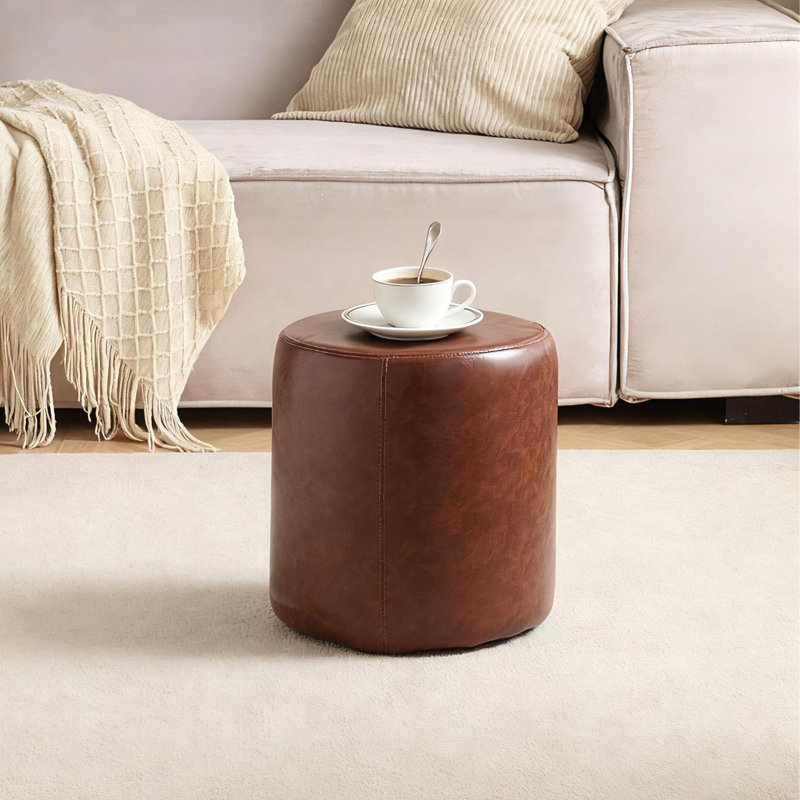 30cm Small Round Faux Leather Upholstered Ottoman, Brown