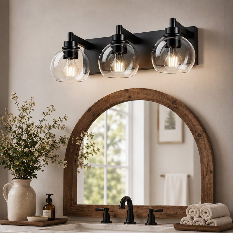 Éclairage pour salle de bain 3 lumières noir mat avec abat-jour en verre transparent pour salle de bain, cuisine et chambre à coucher