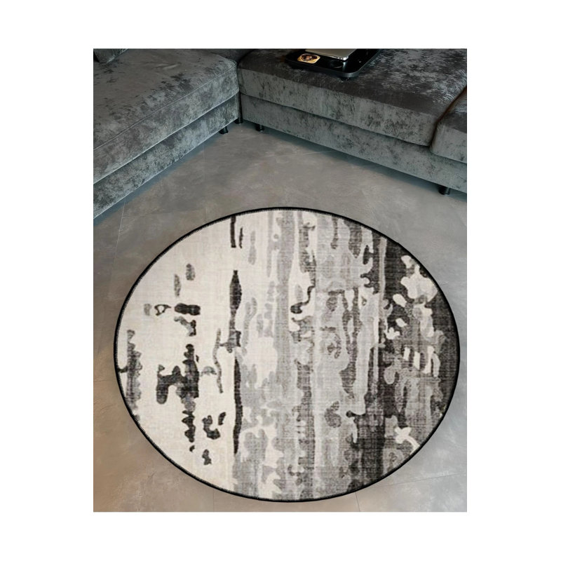 Black And White Abstract Detailed Woven Base Modern Decorative Carpet, Round 2'8"