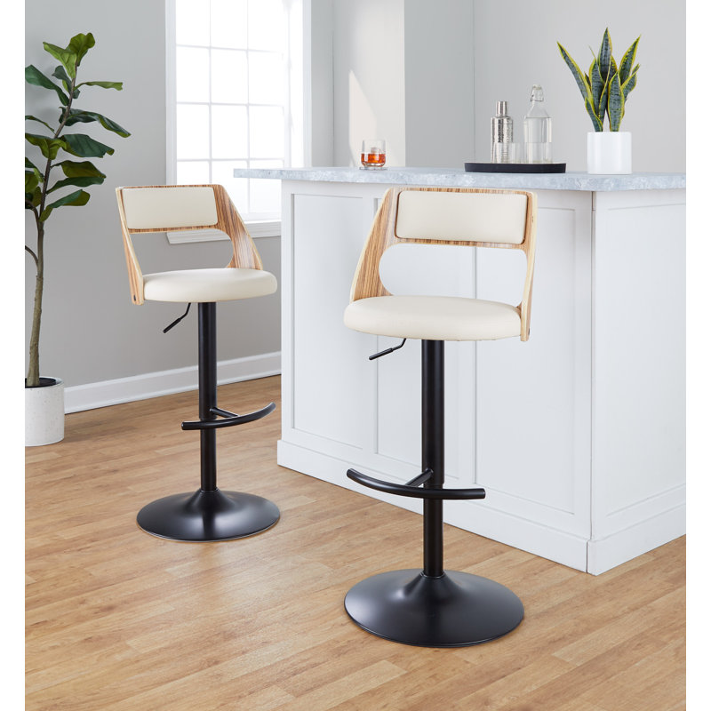 Adjustable Black Metal and Zebra Wood Barstools with Cream Faux Leather