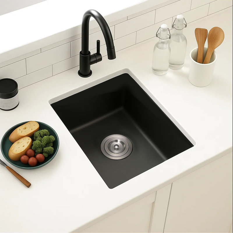 17.7'' Black Quartz Bar Sink Undermount Kitchen Sink, Single Bowl