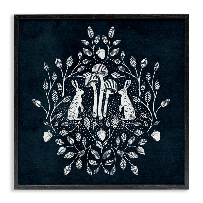 Lapins et feuilles sur fond bleu, estampe numérique par Katie O'Shea, Giclée encadrée noir minuit, H 17 po x l 17 po
