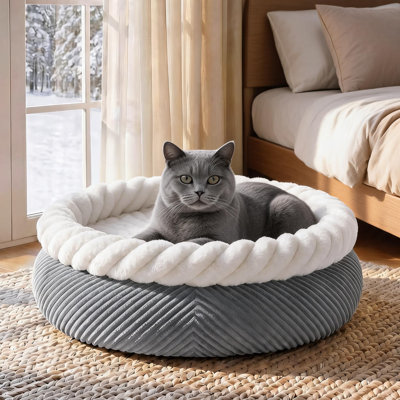 Grey Circular Soothing Pet Nest, Faux Fur Splicing Corduroy, Non Slip Bottom That Can Be Washed With Water, Suitable For Both Large Cats And Small Dogs