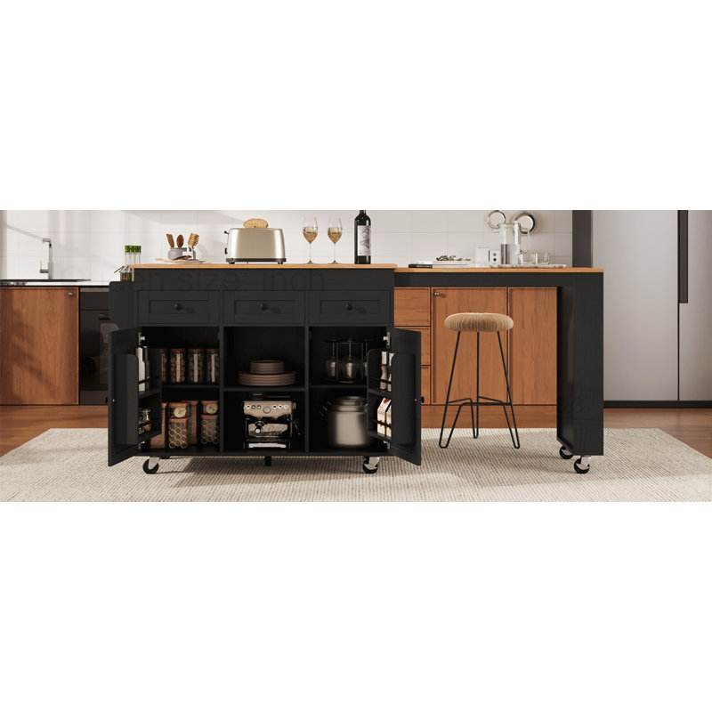 Îlot de cuisine 85,5 "avec table de salle à manger extensible, Noir