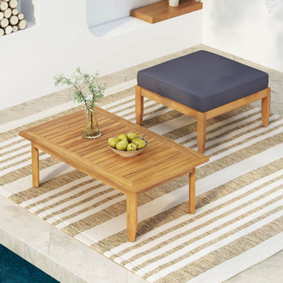 Mid-Century Modern Ottoman + Coffee Table Set, Solid Wood Frame, Water-Resistant Cushions by Everly Quinn