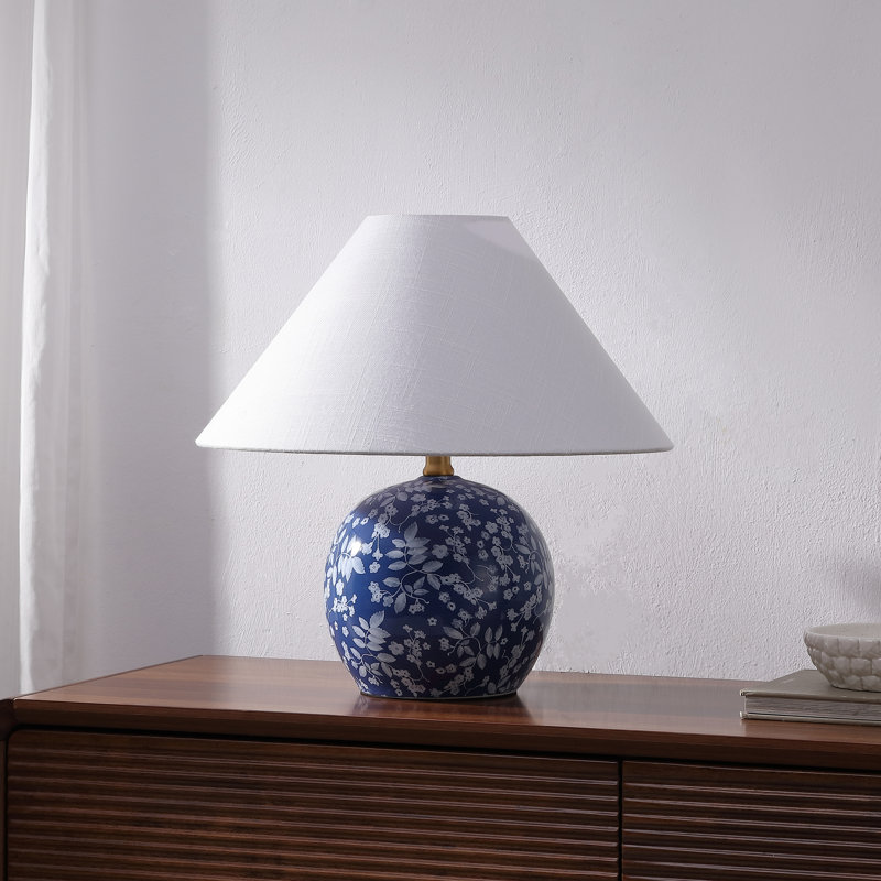 Felice 17.25" Modern Cottage Floral Ceramic Globe LED Table Lamp, Blue/White