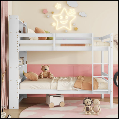 Twin Over Twin Bunk Bed With Shelves , Rubber Wood Bed With Shelves Headboard, Safety Guardrails And Ladder, Convertible To 2 Beds,White