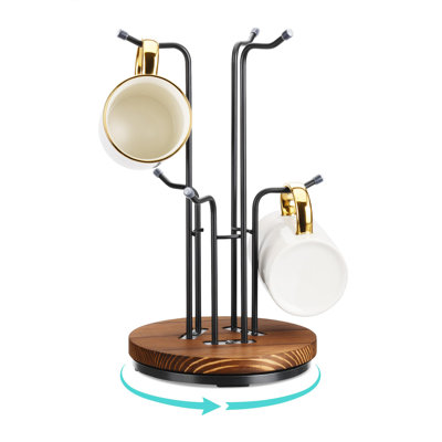 360° Rotating Mug Tree, Counter Coffee Mug Holder With 6 Hooks, Metal Coffee Cup Rack Stand For Countertop With Stable Wooden Base, (Brown)