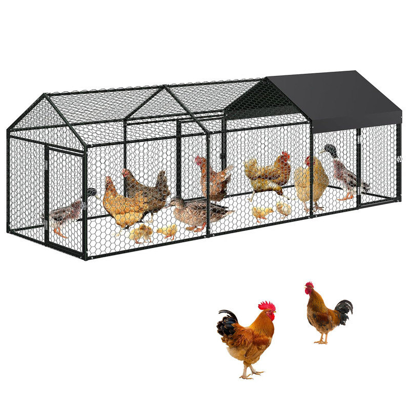 Grand poulailler en métal, poulailler de 120 po x 40 po x 40 po pour cour avec couvercle, cage de volaille avec 3 portes verrouillables
