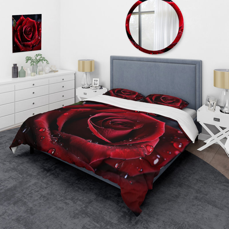 Ensemble de housse de couette en microfibre / polyester Red Rose with Raindrops I