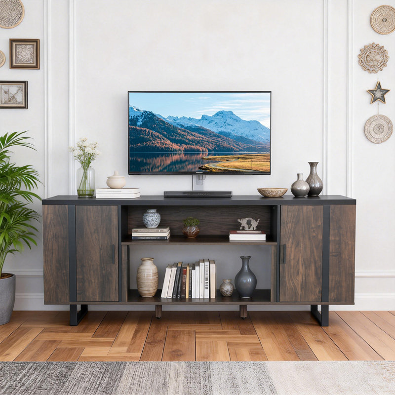 72" Modern TV Stand For Tvs Up To 85" With Adjustable Storage, Metal Legs & Brown Wood Finish, No, Manufactured Wood/Metal