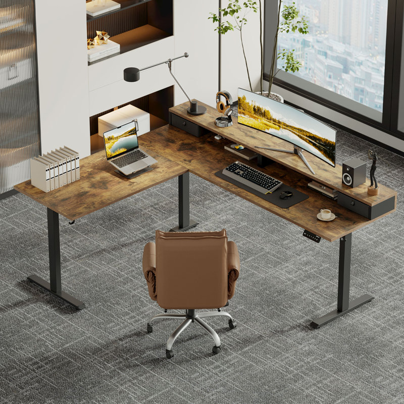 75 Inch L-Shaped Electric Height Adjustable Standing Desk with Drawers & Monitor Shelf, Ergonomic Corner Home Office Desk, with Hooks & Cable Management, Rustic Brown