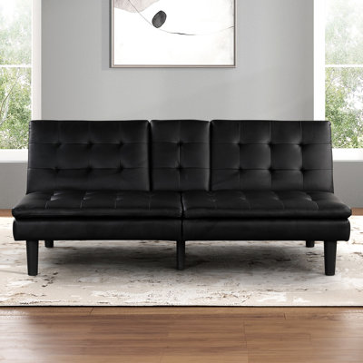 Contemporary Style Black Futon That Converts To Bed, Biscuit - Cushions, Chargers, Drop Down Table And Cup Holders, 71.5"w X 35.5"d Seat Back, Built I