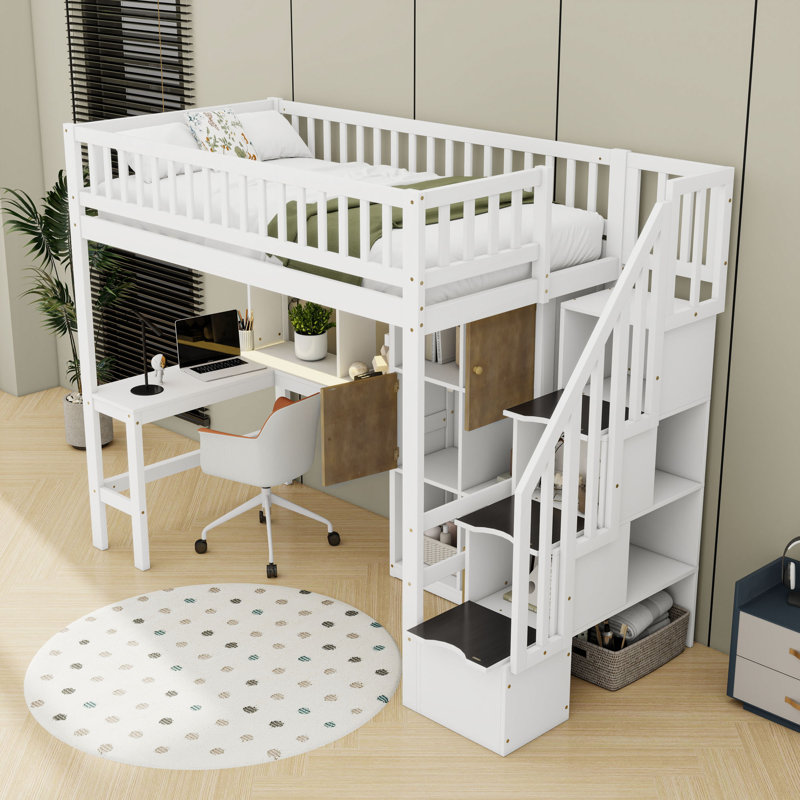 Lit mezzanine simple avec bureau, lumières DEL, tablettes de rangement et armoires, Blanc