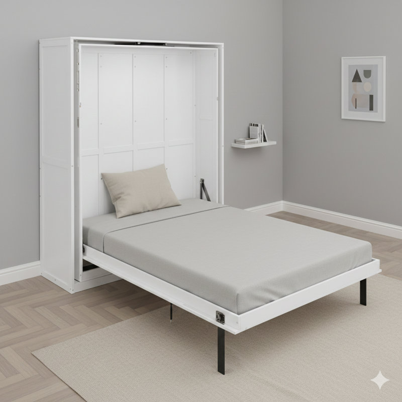 Grand lit escamotable rotatif avec supports de rangement dissimulés, un lit mural multifonctionnel peu encombrant adapté au bureau à domicile et aux petites pièces, en blanc.