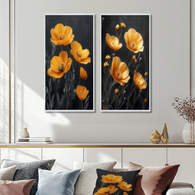 Jaune, noir, coquelicots, joie lumineuse I - coquelicots, ensemble de 2 pièces d'art mural