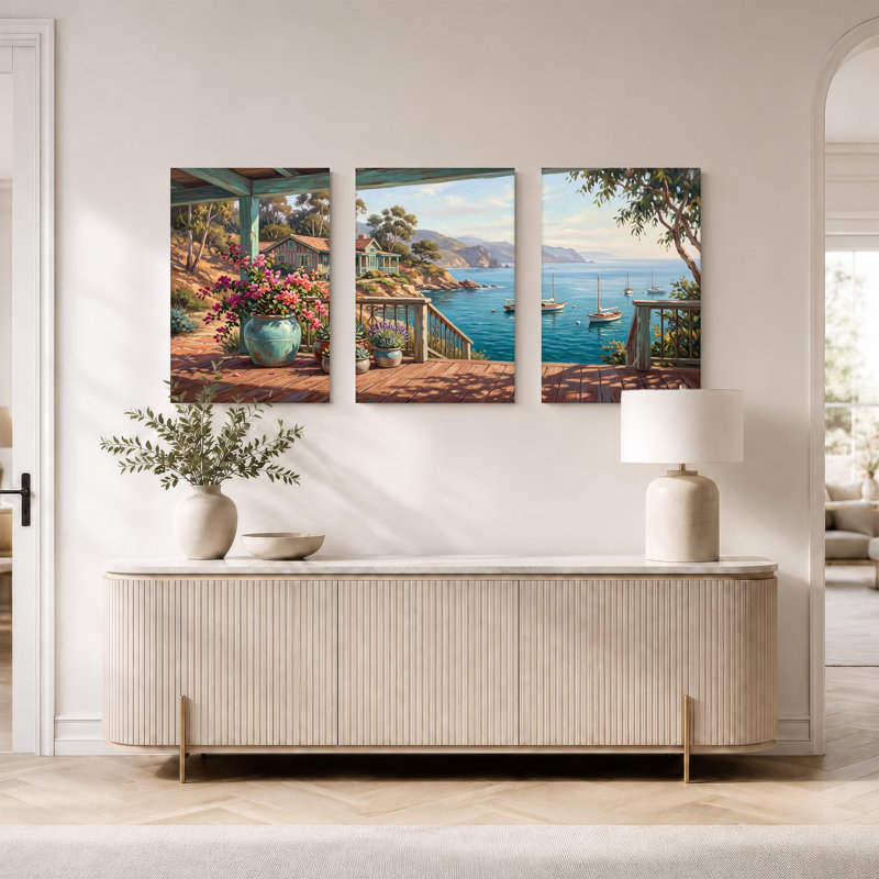 "Coastal Cottage" avec voiliers et fleurs en pot, ensemble de 3 toiles, H 30 po x l 20 po x 3 pièces