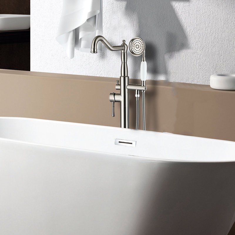 Robinet de baignoire moderne avec douche à main - Nickel brossé, 6,52 po Hauteur de la baignoire autoportante à jet complet en métal, largeur du corps