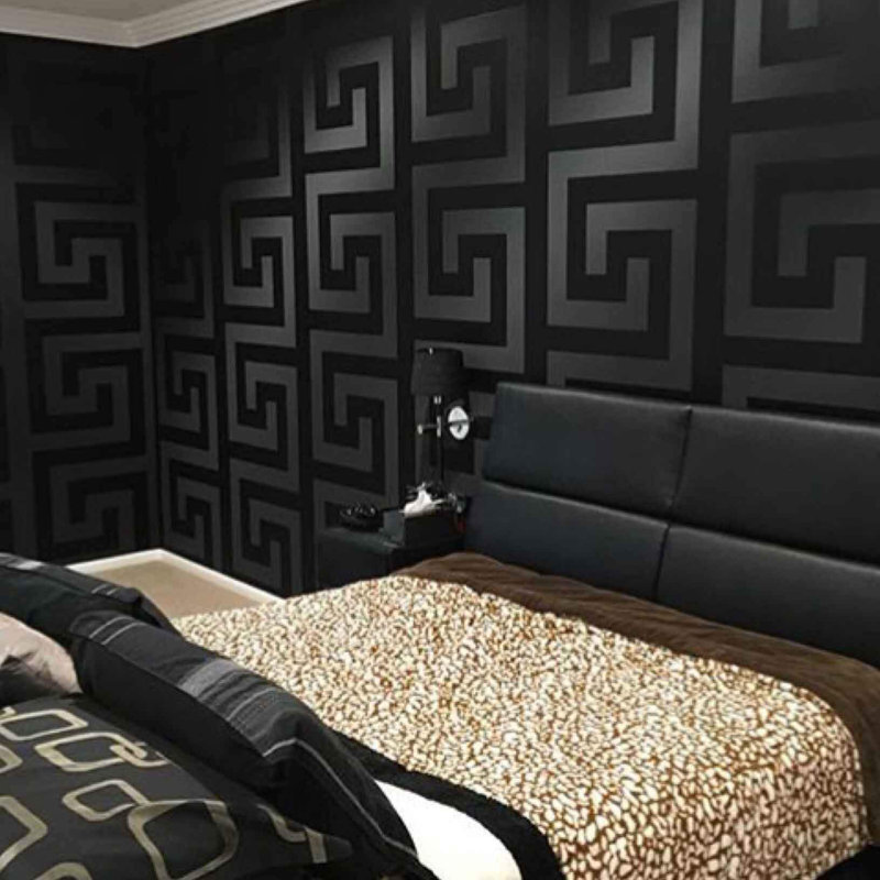 Versace Greek Key Silver Gray Vinyl Wallpaper, Black/Satin, 33' L x 27" W