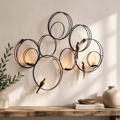 Metal Circular Wall‑Mounted Candle Sconce, 3‑Gold‑Bird 3D Wall Art Decor for Living Room, Foyer, Sunroom, Office