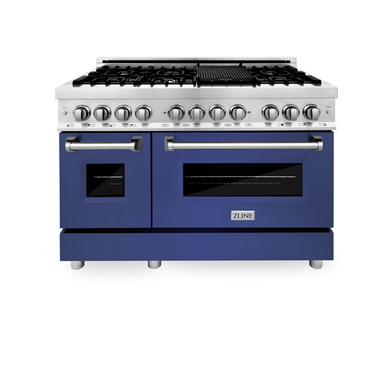ZLINE 48" Legacy Dual Fuel Range w/ 7 Burner Gas Cooktop and 2 Electric Ovens, Blue Matte Stainless Steel