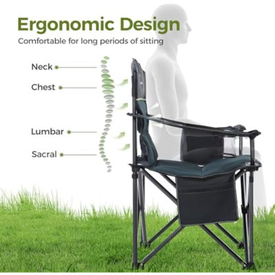 Chaises de camping surdimensionnées entièrement rembourrées avec support lombaire | Armoire en acier robuste de 500 lb, robuste, durable, sac isotherme, tissu Oxford 600D, porte-gobelet, sac de transport, poche, facile à installer