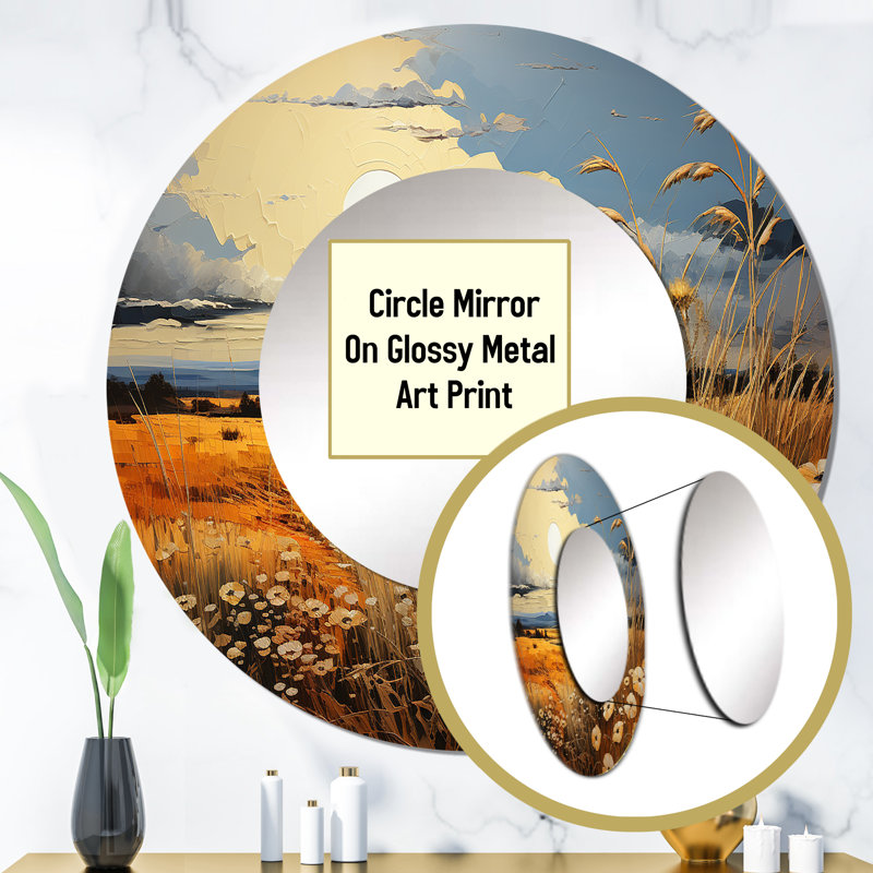 Yellow Blue Prairies Whispers Patchwork II - Prairies Decorative Wall Mirror, Gold Large Round Mirror, Printed Metal Art