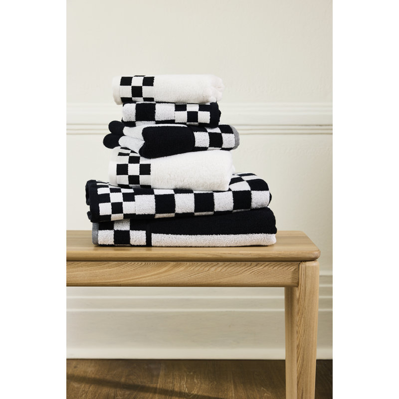 Bath Towel with Check Border, White/Black