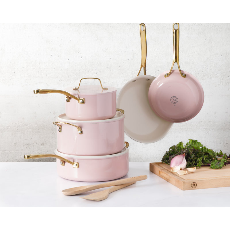 Pink and Gold Nonstick Enamel Aluminum Cookware Set, 10-Piece