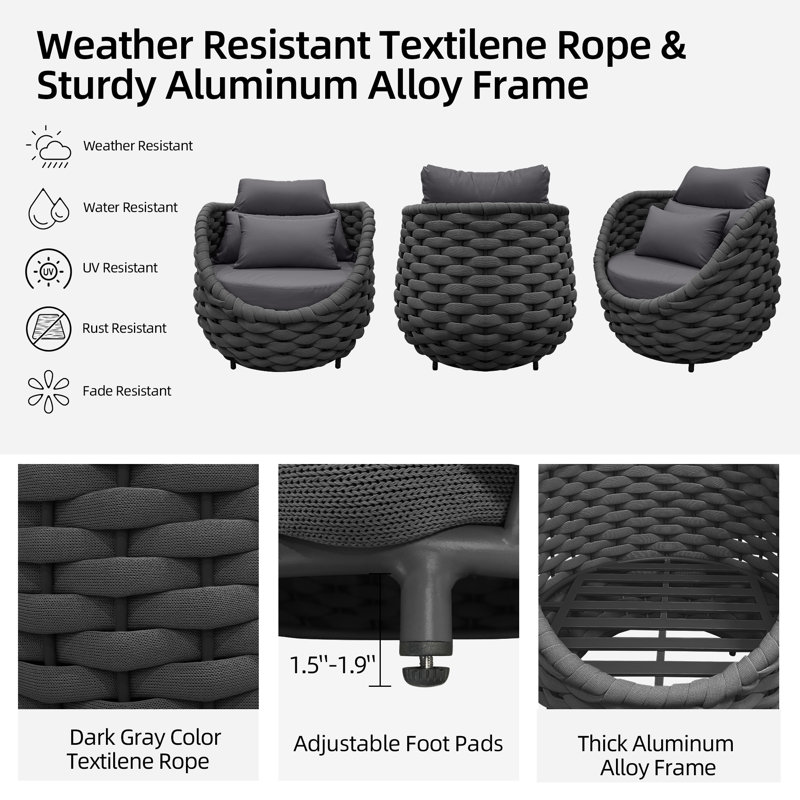 7 Person Outdoor Patio Hand-Woven Rope Powder-Coated Aluminum Sofa Outdoor Conversation Set For Bistro Garden Balcony Porch Deck Backyard Cafe