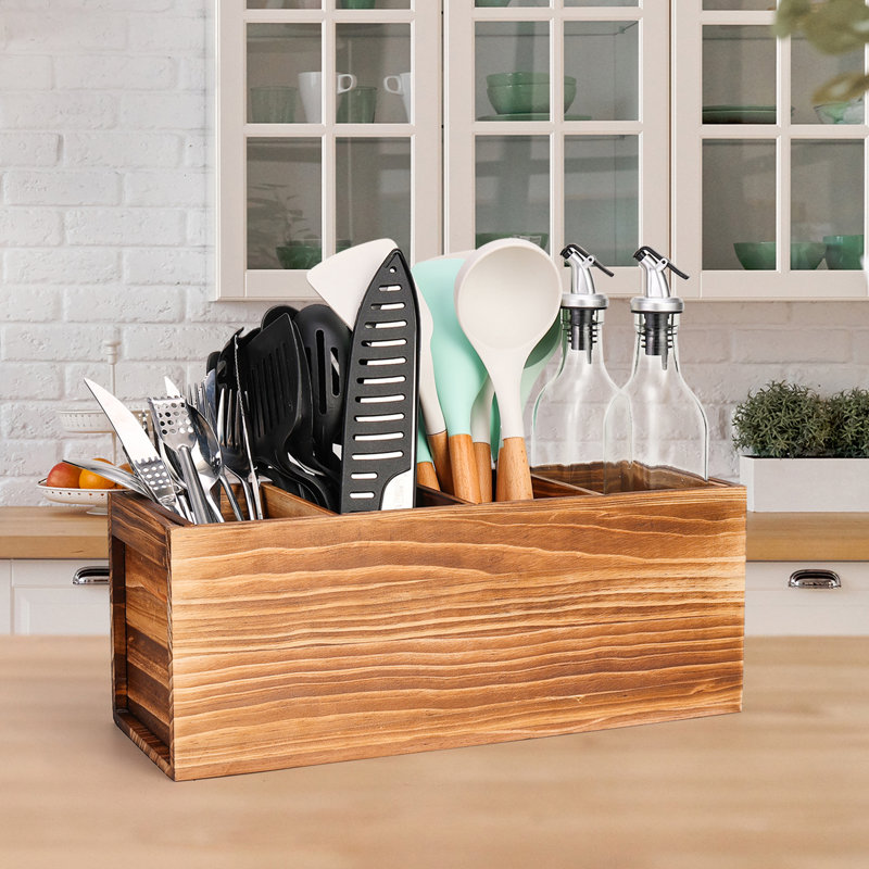 Large Tableware Rack, Flatware Caddy, Blade Rack, with 4 Compartments, Brown