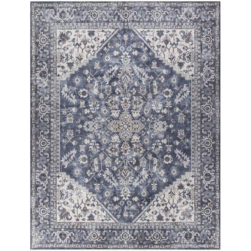 Polyester floral lavable à la machine / coton ivoire / bleu marine, Rectangle de 10 pi x 14 pi