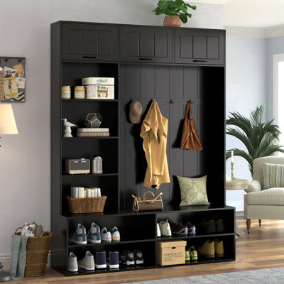 Arbre d'entrée 76,9 po avec banc et rangement pour chaussures, banc d'entrée 5 en 1 avec portemanteau, armoire de rangement moderne avec 4 crochets pour le couloir, l'entrée et le salon