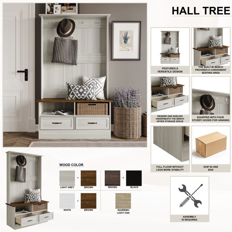 Hall Tree with Storage Cabinet In Brown, Brown