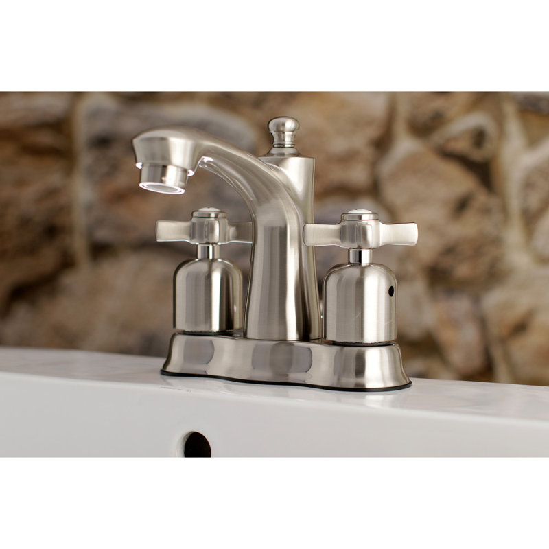 Kingston Brass Millennium Two-Handle 3-Hole Deck Mount 4" Centerset Bathroom Faucet with Plastic Pop-Up, Brushed Nickel