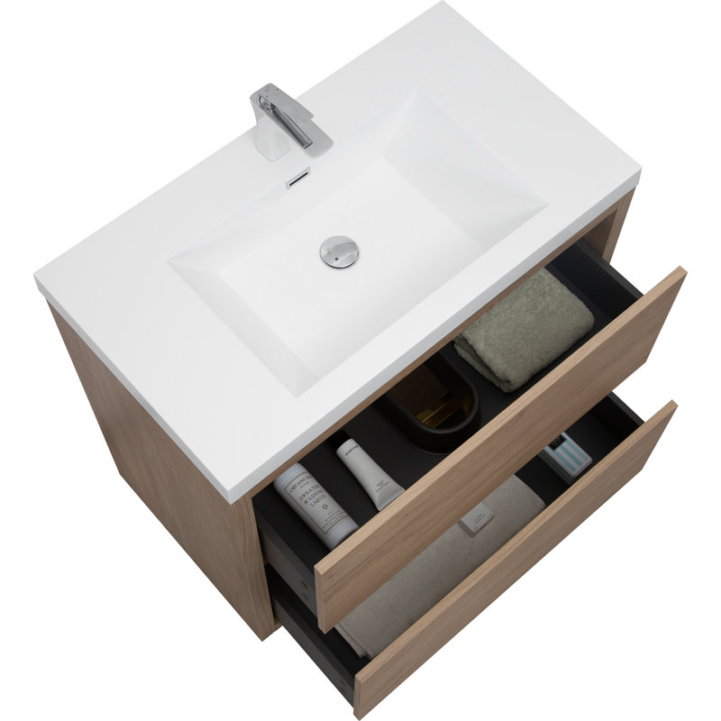 Meuble-lavabo sur pied 36 po avec lavabo, meuble-lavabo avec comptoir en résine de pierre et tiroirs à fermeture douce, chêne naturel