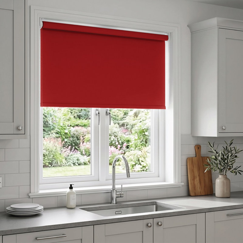 Thermal Blackout Roller Blind – Trimmable Cut-to-Size Window Blind, 165 cm L x 90 cm W, Red