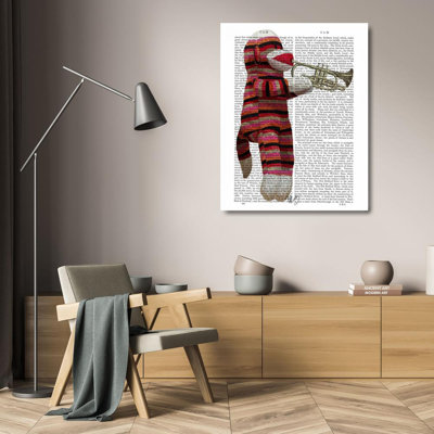 Trinx Fab Funky Gallery Wrapped Canvas Art Titled: Sock Monkey Playing Trumpet