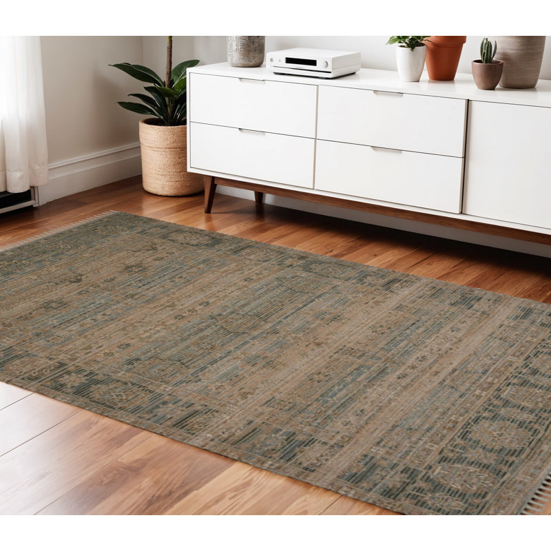 Tapis gris foncé et turquoise foncé tissé à la main 4 pi x 6 pi avec frange