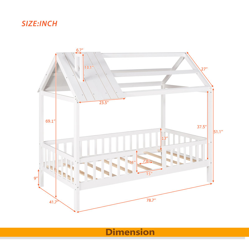 Twin Size Wood House Bed With Fence, White