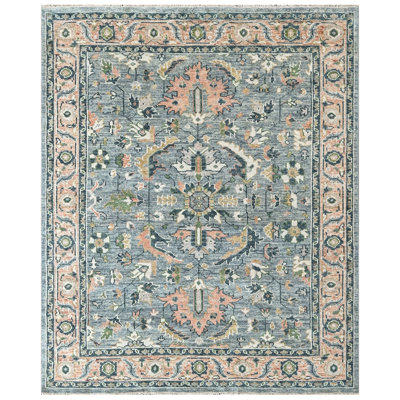 Tapis bleu 8 x 10 en laine noué à la main Oushak