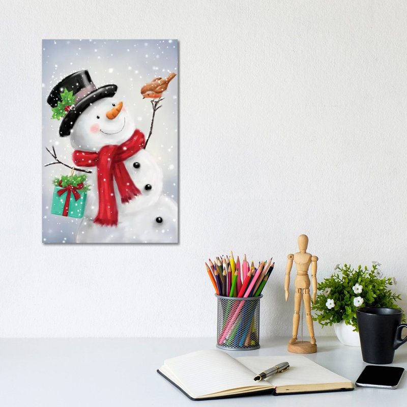 Snowman And Robin VI B by MAKIKO - Wrapped Canvas Print, 20.32 cm H x 30.48 cm W